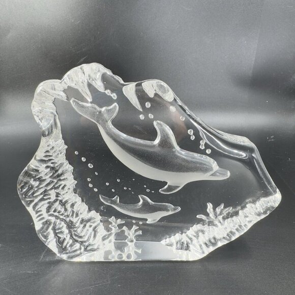 Vintage Clear Crystal Glass Plaque Paperweight Dolphins Figurine Decorative VTG - Picture 8 of 13